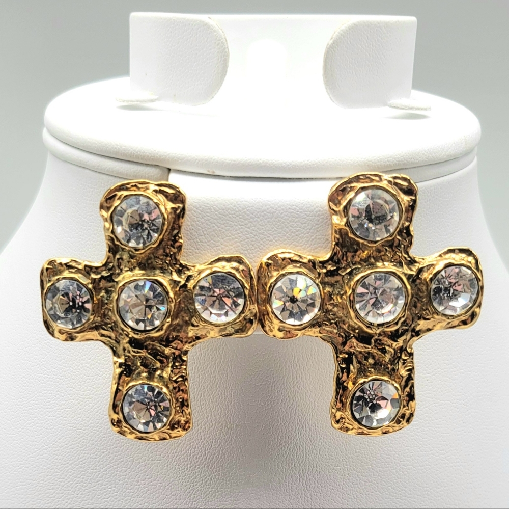 Christian Lacroix Cross Earrings Vintage Gold Tone Crystal Clip On Statement